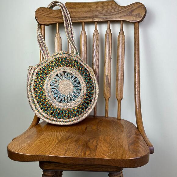 Unbranded Handbags - Boho Colorful Recycled Woven Jute Bag Circle Shaped Shoulder Tote Beach Bag